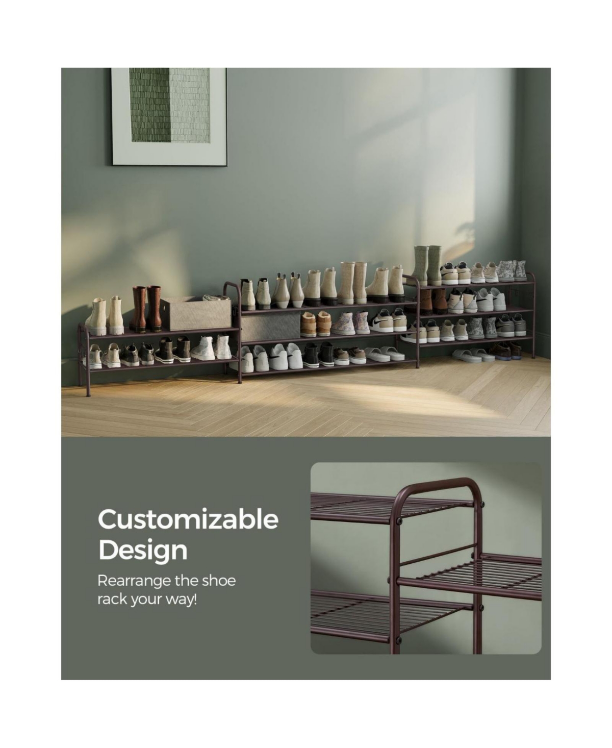Slickblue Shoe Rack Organizer, Metal Shoe Shelf Storage with Side Hooks and Height-Adjustable