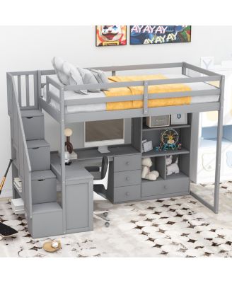 Streamdale Twin Loft Bed with Desk, Storage, and Staircase in White