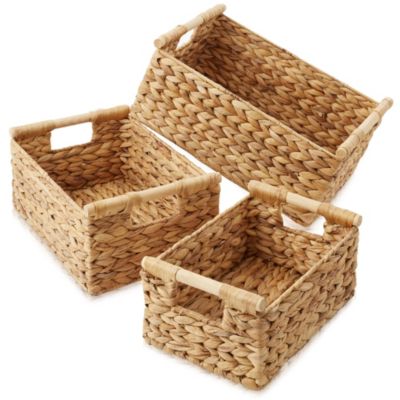 (Set of 3) Water Hyacinth Rectangular Storage Baskets with Wooden Handles - Small, Medium, Large Woven Nesting Baskets