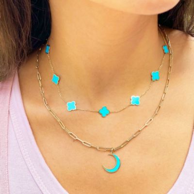 Small Turquoise Clover Necklace 14K Gold