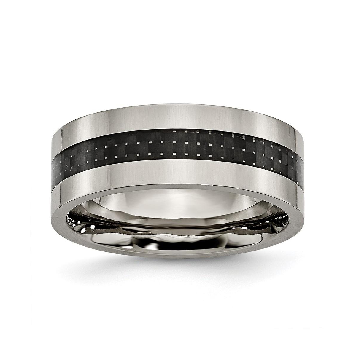 Titanium Black Carbon Fiber Inlay Flat Wedding Band Ring - Black
