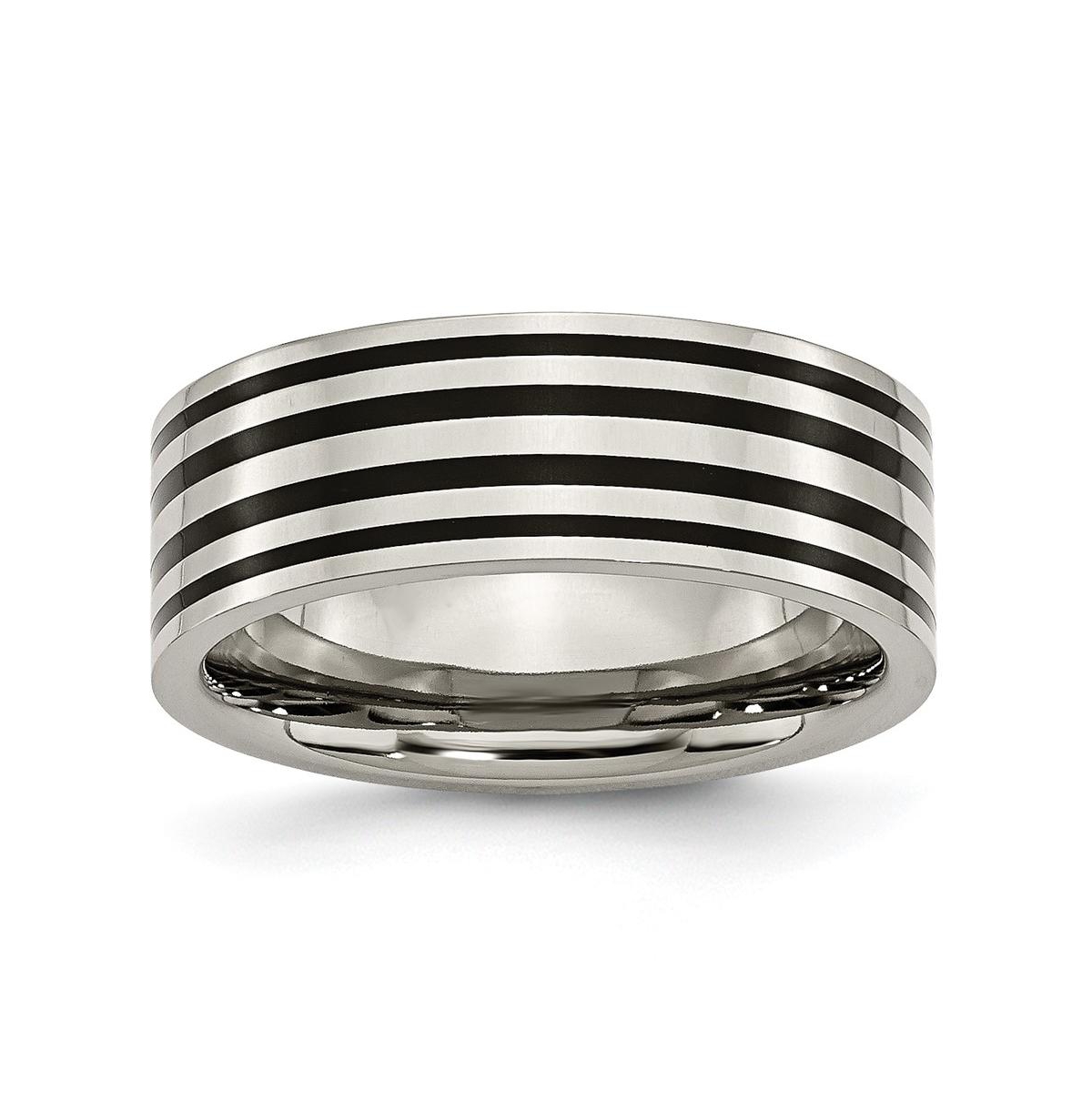 Titanium Polished Black Enamel Striped Flat Wedding Band Ring - Black