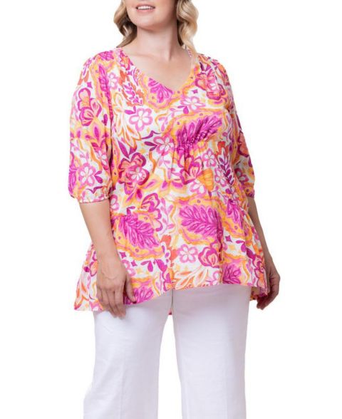 Женский топ Kiyonna Plus Size Oasis V-Neck Tunic Top, цвет: С принтом