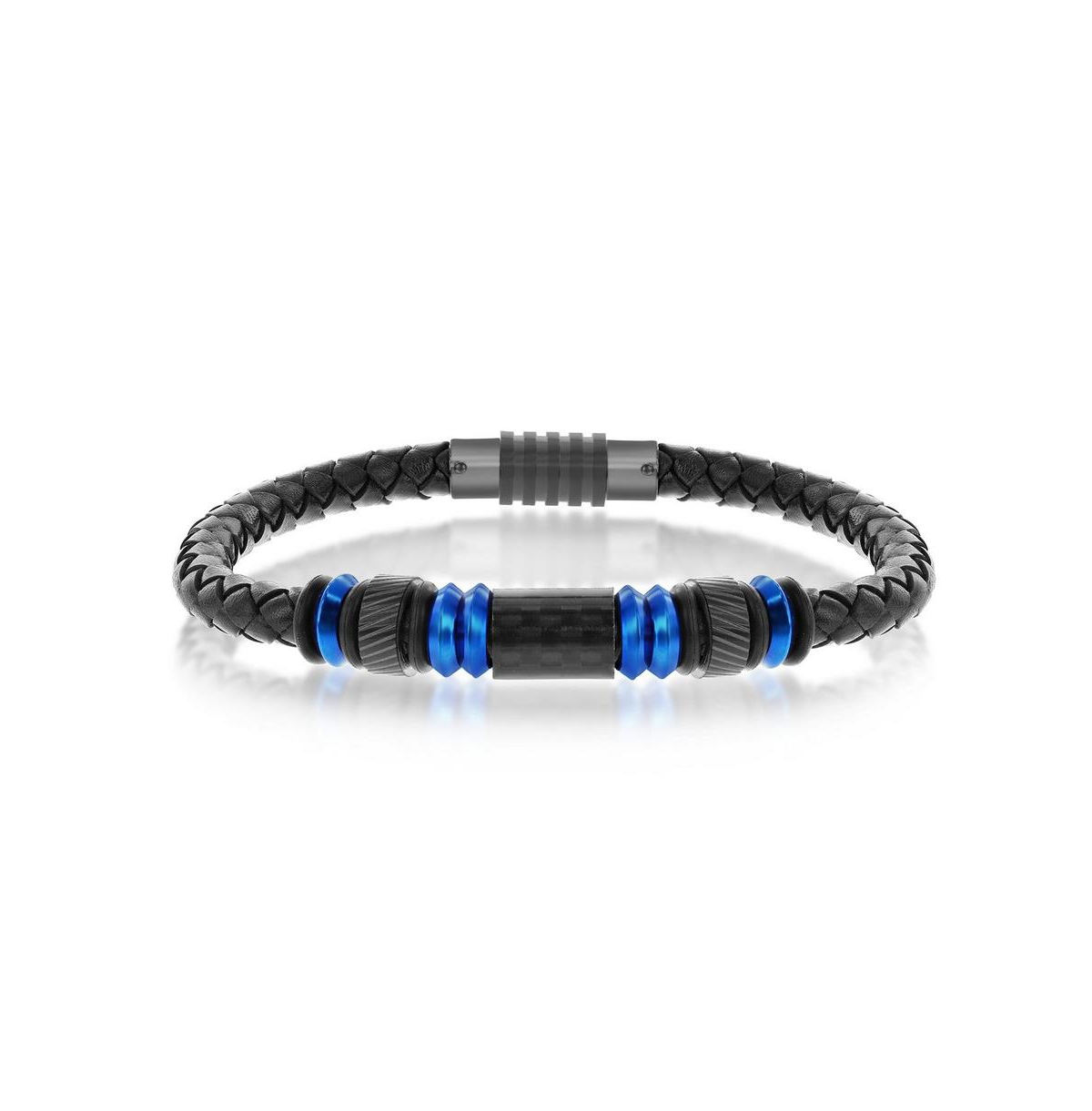 Stainless Steel w/ Black Carbon Fiber Genuine Leather Bracelet - Black