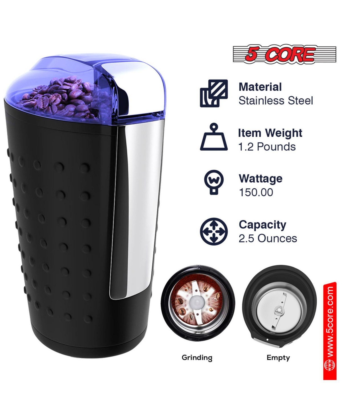 5 Core Core Coffee Grinder Capacity 150W Motor One-Touch Automatic Electric Bean Spice Grinding Cg 01 Bl