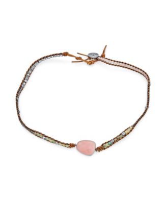 Tree Of Life Medallion Natural Rose Quartz Aqua Amazonite Beaded Brown Leather Multi Strand Triple Wrap Bracelet Adjustable