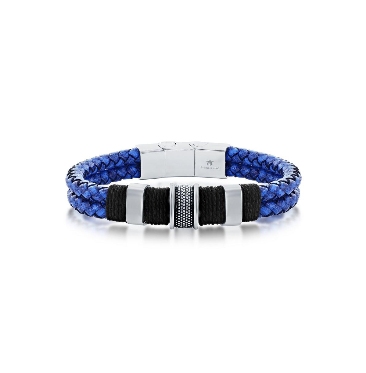 Stainless Steel Double Strand Genuine Leather Bracelet - Blue