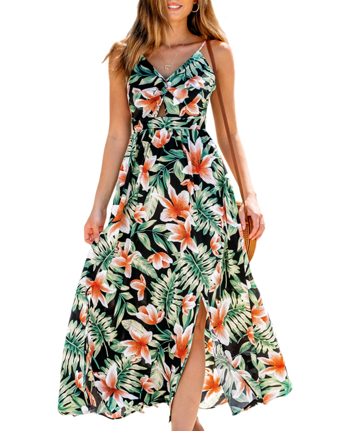 Women's Tropical Floral Print Maxi Beach Dress - Black