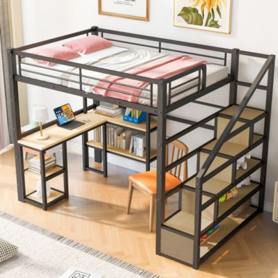 Full Size Metal Loft Bed With Staircase, Built-In Desk And Shelves
