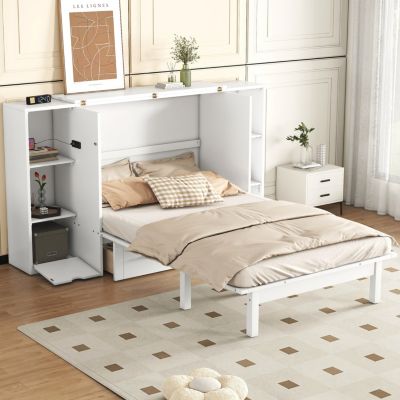 Queen Size Murphy Bed With Shelves, Drawers And USB Ports, White
