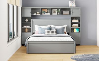Wooden Queen Bed with Cabinetry and Outlets