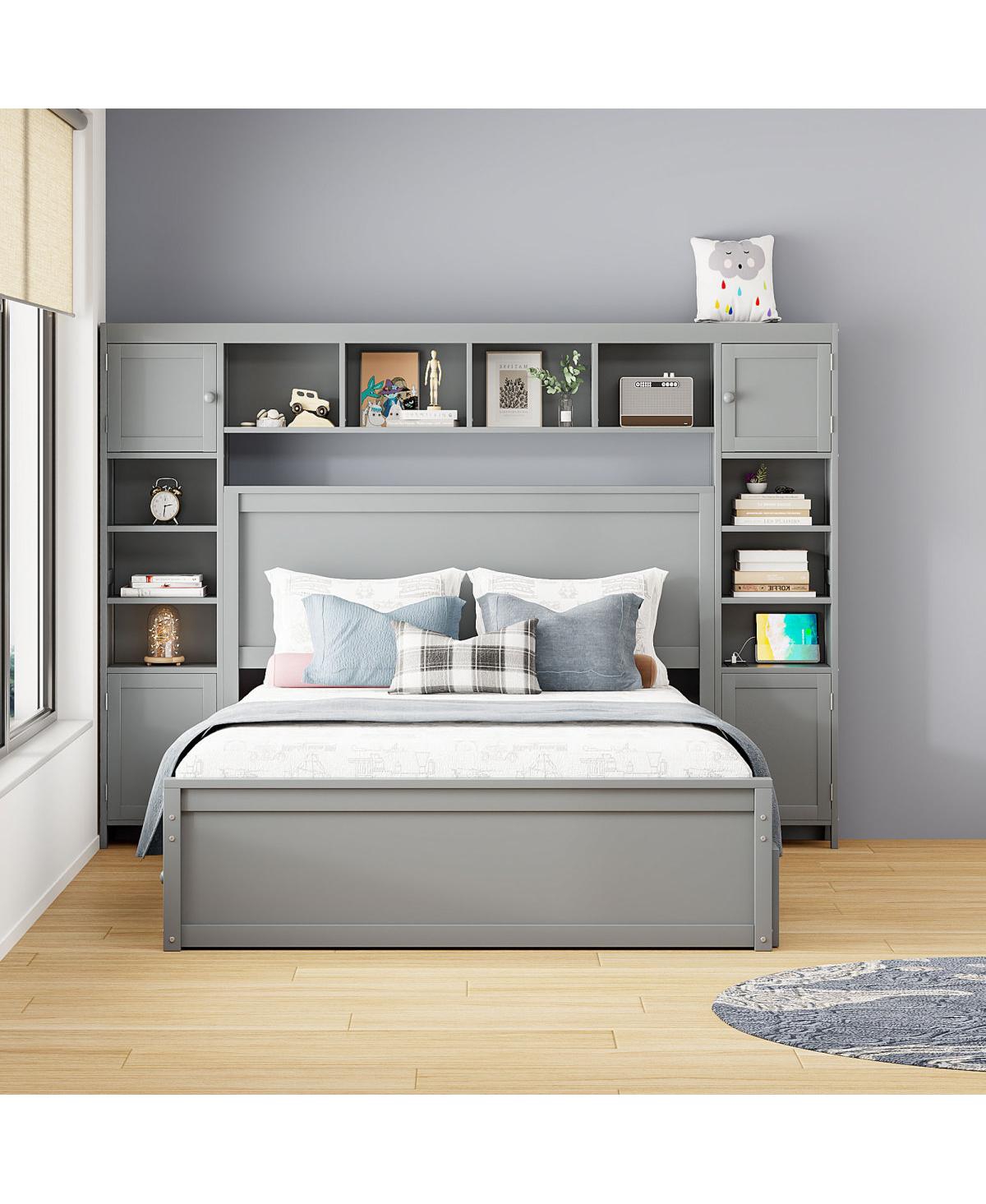 Streamdale Furniture Size Wooden Bed With All-In-One Cabinet, Shelf And Sockets, Espresso