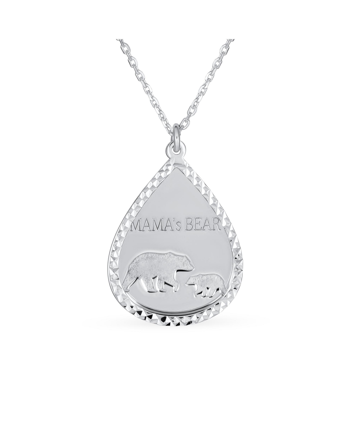Mother Bear & Cub Dangling Diamond-Cut Bezel Teardrop Word Mama Bear Necklace For Women New Mother Customizable Sterling Silver 16" 18"