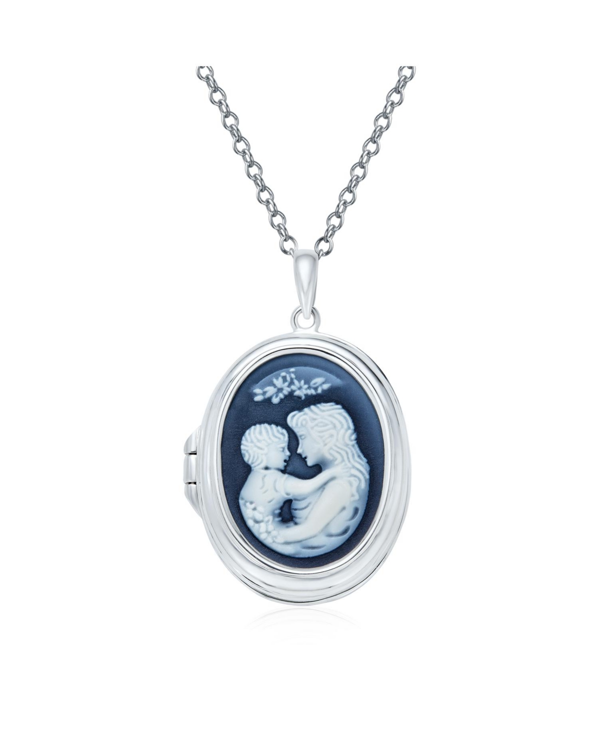 Victorian Style Blue White Carved Loving Family Mother and Child Cameo Photo Locket Pendant Son Daughter Necklace Sterling Silver Women