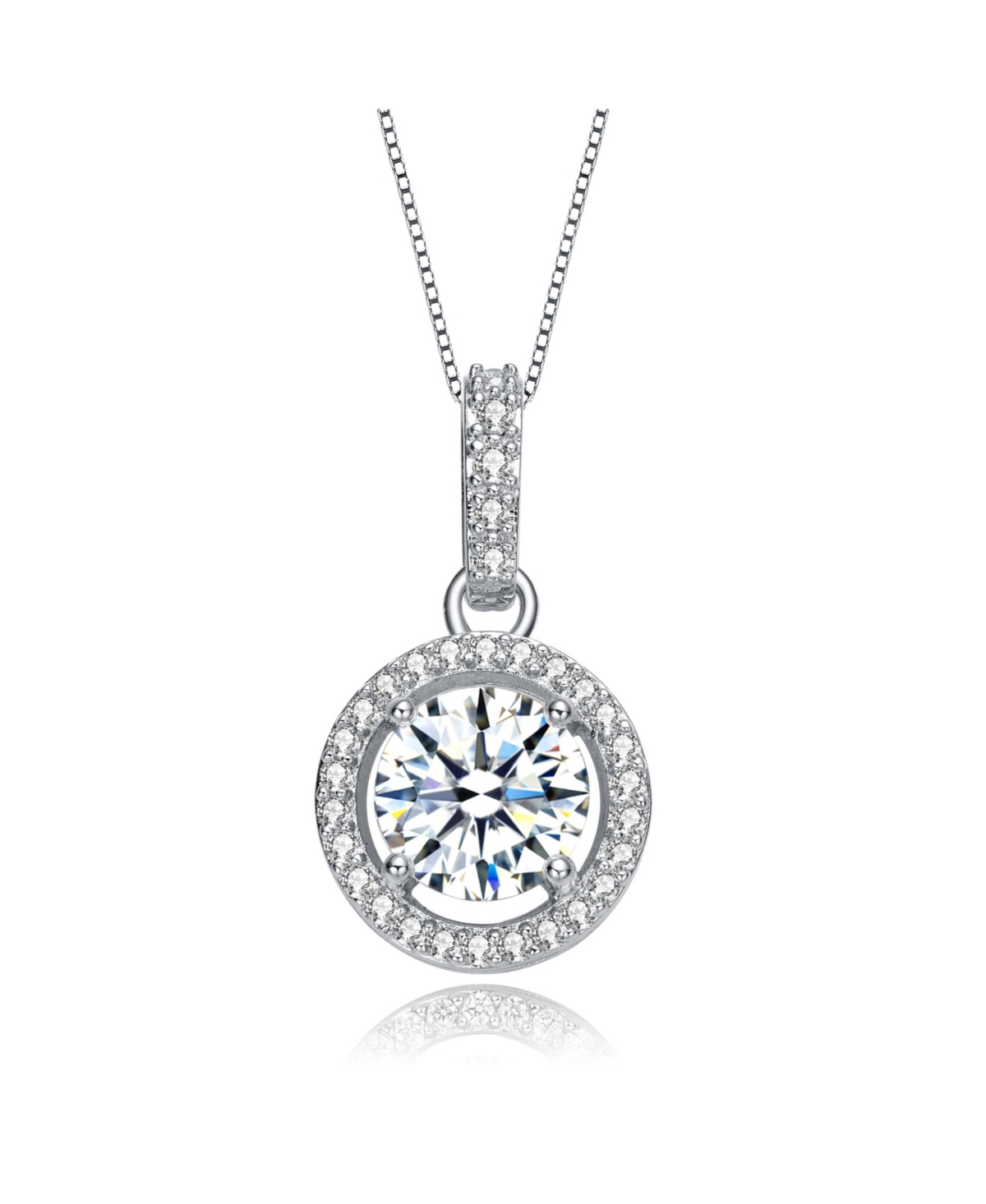 White Gold Plated with Cubic Zirconia Solitaire Halo Drop Pendant Necklace - Silver