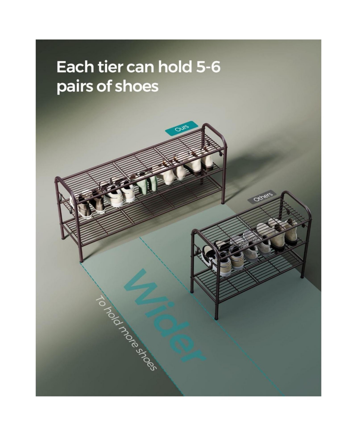 Slickblue Shoe Rack Organizer, Metal Shoe Shelf Storage with Side Hooks and Height-Adjustable