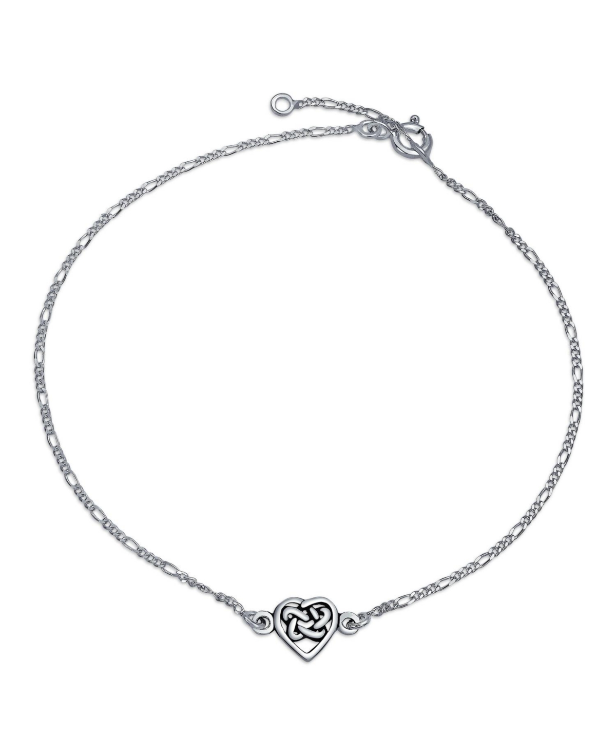 Love Knot Heart Shape Celtic Triquetra Anklet Lucky Charm Figaro Link Ankle Bracelet Oxidized Sterling Silver Adjustable 9 To 10 Inch Wi