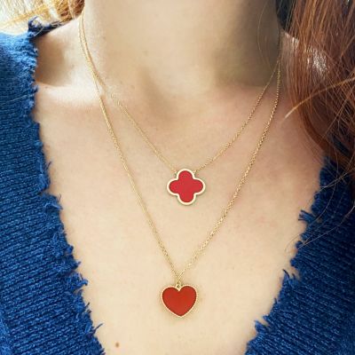 Extra Large Coral Single Clover Necklace 14K Gold
