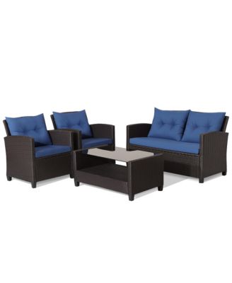 4PCS Outdoor Conversation Set Patio PE Rattan Set w/ Glass Table and Sofa Cushions