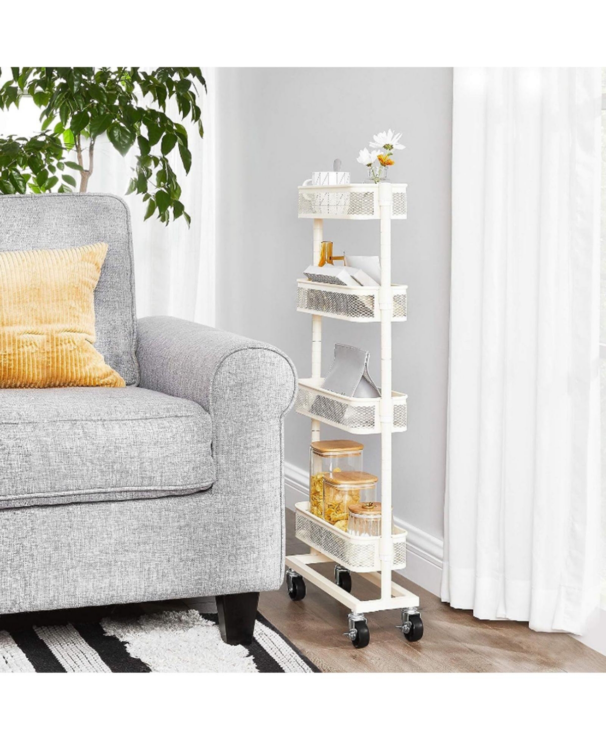 Slim Storage Cart, 4-tier Slide-out Trolley For Small Spaces, Bathroom, With Wire Baskets