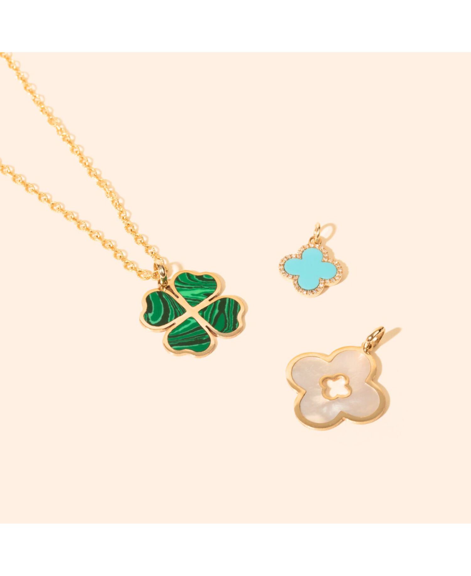 Malachite Lucky Clover Charm 14K Gold 13 millimeters