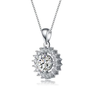 White Gold Plated Round Cubic Zirconia Flower Style Pendant Necklace