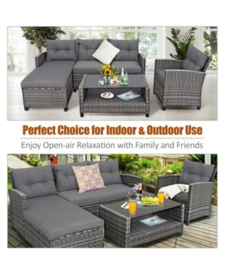 4 Pieces Patio Rattan Furniture Set with Cushion and Table Shelf