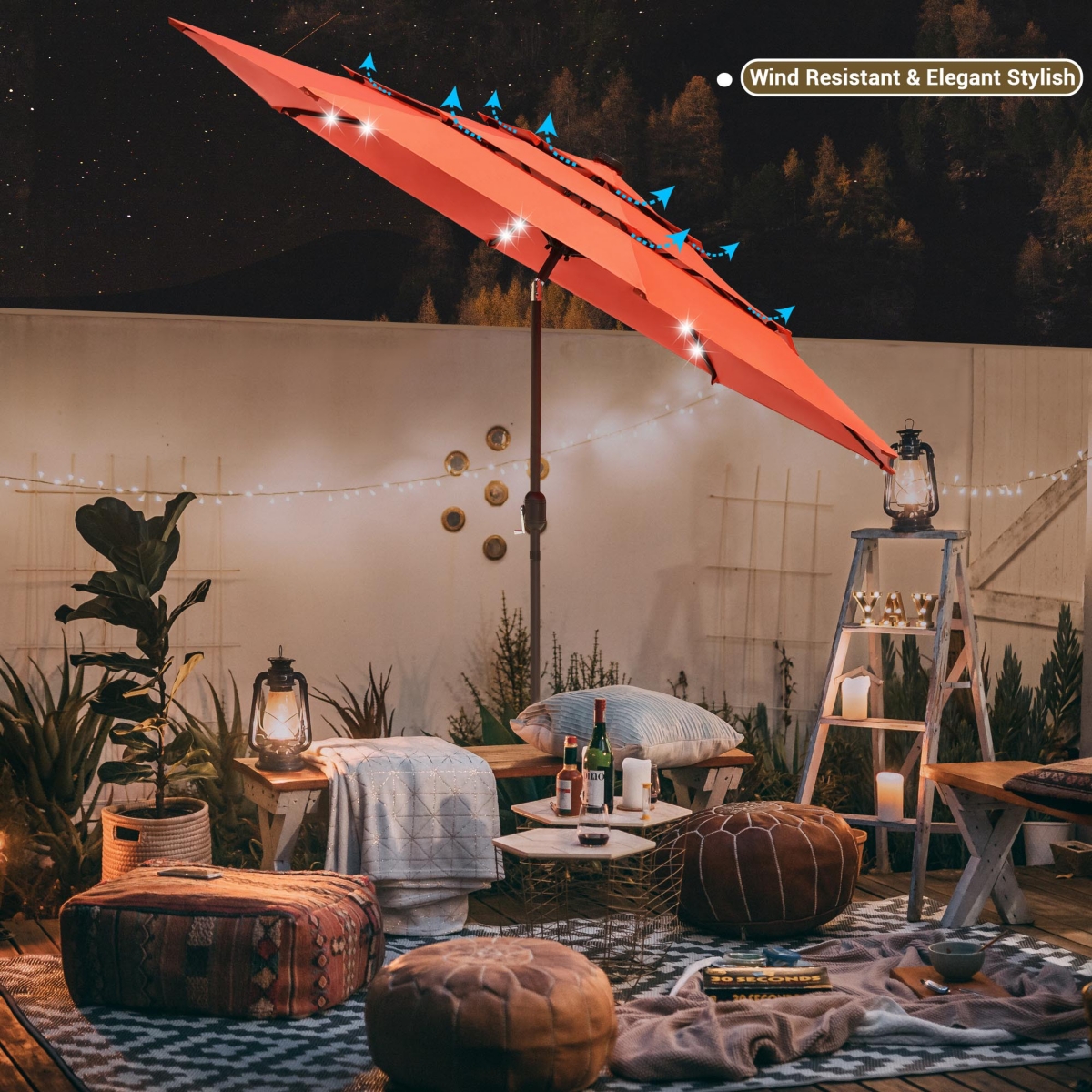 Yescom 3 Tier Patio Umbrella with Solar Powered Led Crank Tilt Button