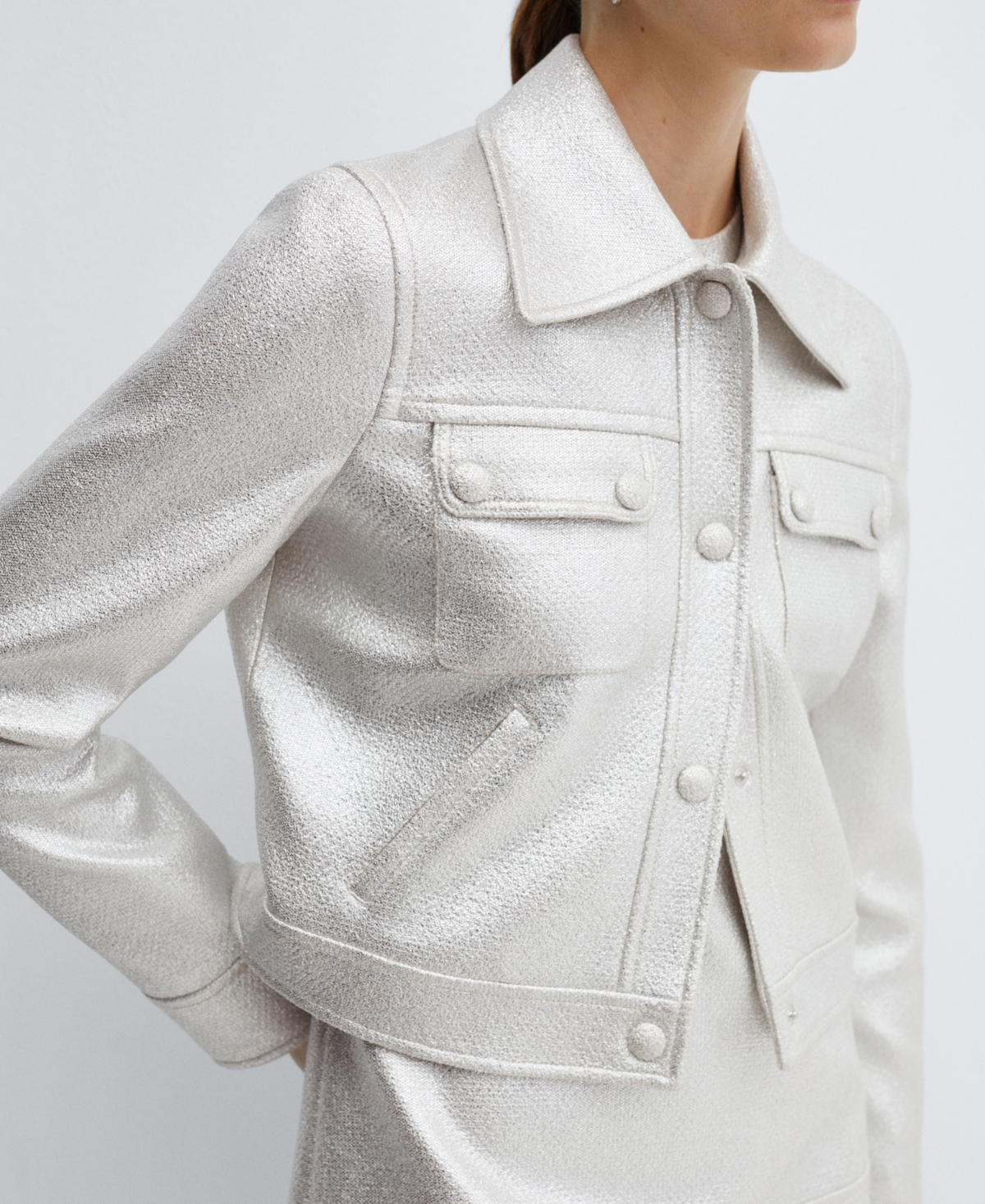 Shop Mango Women's Pockets Detail Metallic Jacket In Silver