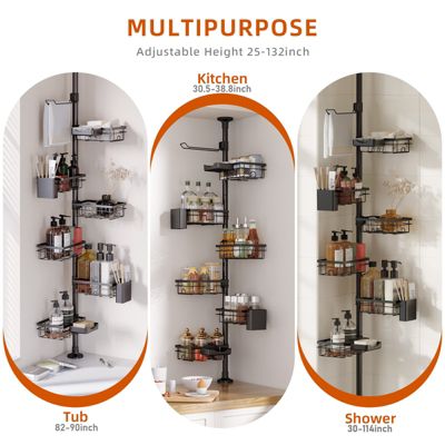 Adjustable Tension Pole Shower Caddy with 6 Rust-Resistant Corner Shelves, Towel Bar and Soap Dish