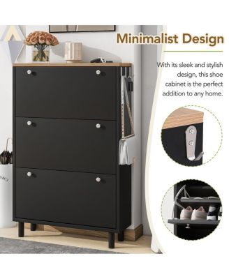 3-Drawer Shoe Cabinet with Hooks and Adjustable Panel