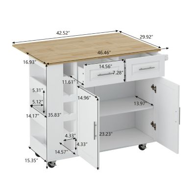  White Kitchen Island Cart with Storage and Foldable Table