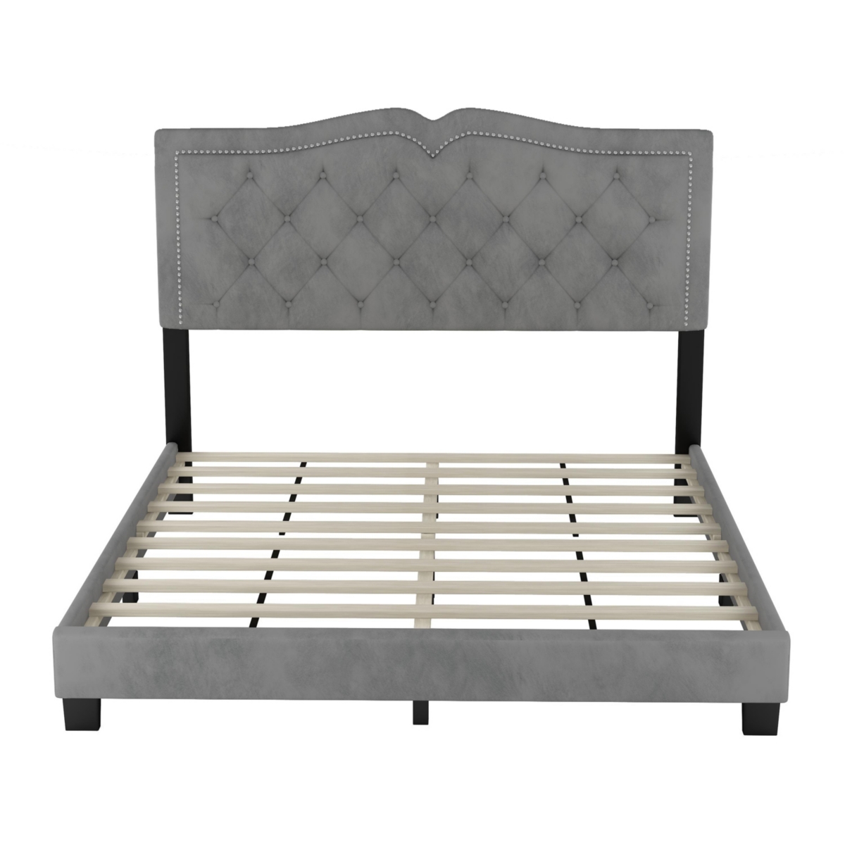Streamdale Furniture Size Upholstered Bed Frame With Rivet Design, Modern Velvet Platform Bed With Tufted Headboard