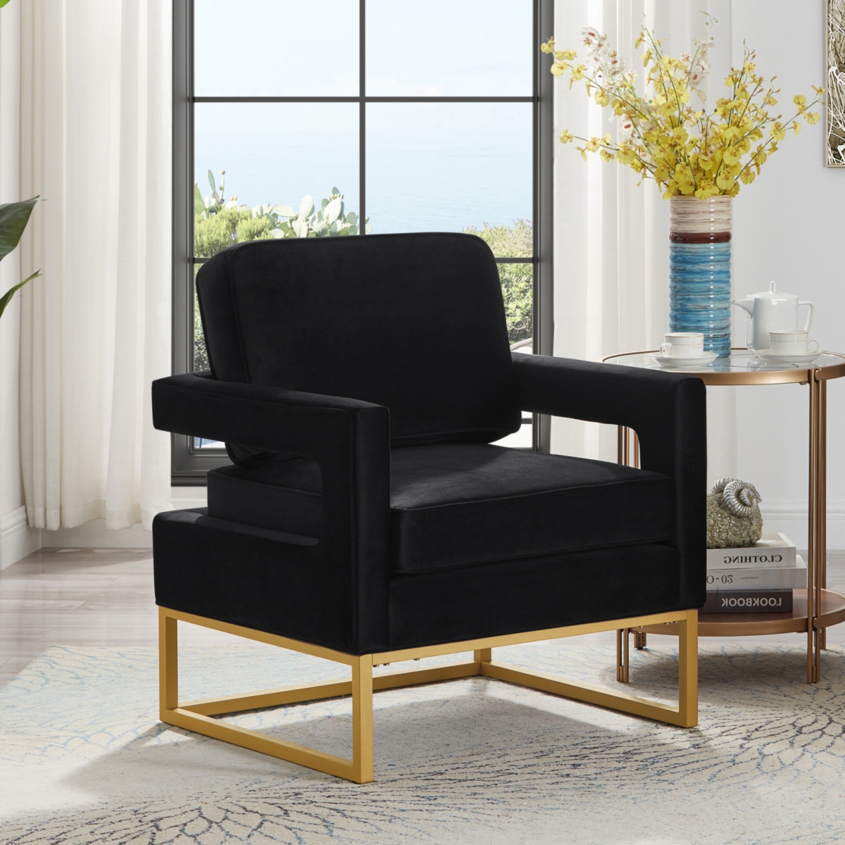 Simplie Fun Black Velvet Accent Chair with Gold Metal Base