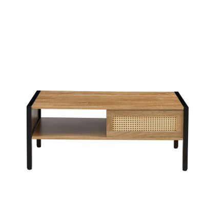 Modern Rattan Coffee Table with Sliding Door Storage