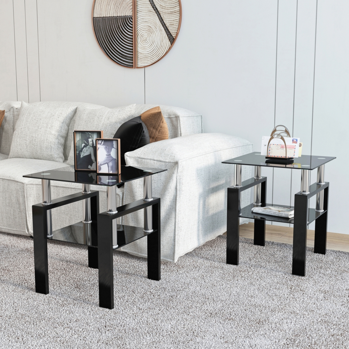 Simplie Fun Modern Black Tempered Glass End Tables