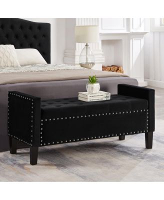 Black Upholstered Storage Bench with Armrest