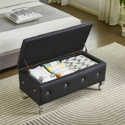 Faux Leather Storage Ottoman Bench with Crystal Buttons