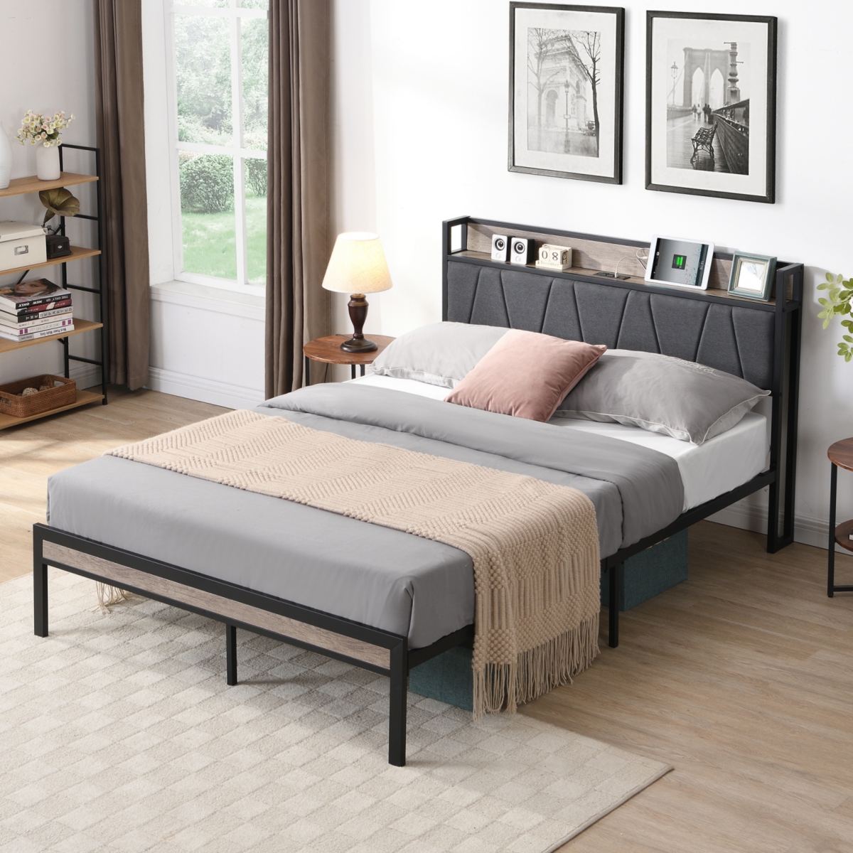 Metal Platform Bed Frame with Storage, Headboard & Usb