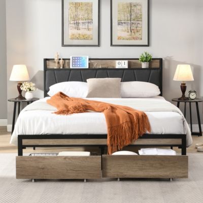 Metal Platform Bed Frame with Storage Headboard