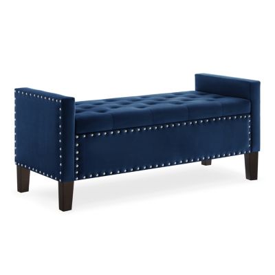 Navy Storage Bench with Tufted Seat & Armrest