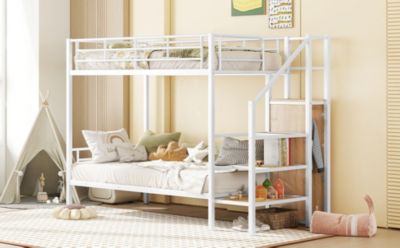 Streamdale Twin Over Twin Metal Bunk Bed With Lateral Storage Ladder And Wardrobe