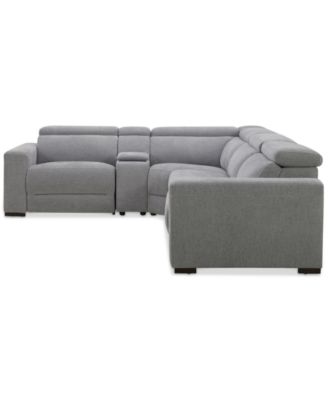 Nevio 5-Pc. Fabric Power Headrest L-Shape Sectional and Console with 3 Power Motion Chairs