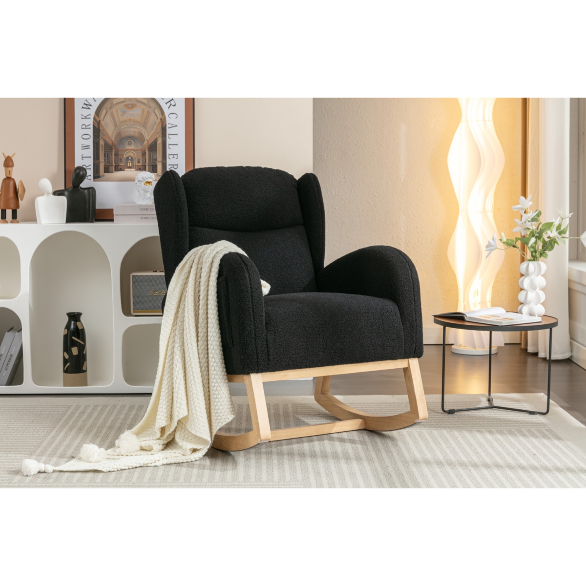 Streamdale Furniture Teddy Fabric Rocking Chair With Packet Wood Legs, Black