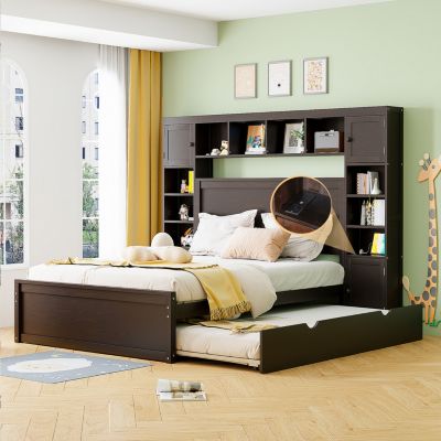 Wooden Queen Bed with Cabinetry and Outlets