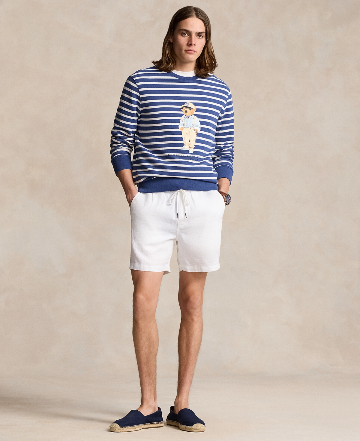 Polo Ralph Lauren Men's Polo Bear Striped Fleece Sweatshirt -Deck Wht Hmgy Bear