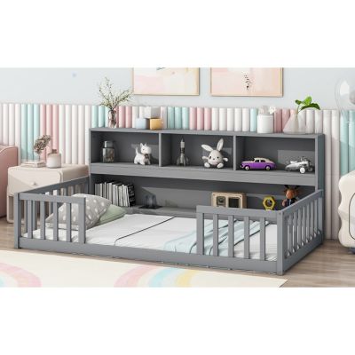 Twin Floor Bed With Bedside Bookcase, Shelves, Guardrails, Grey