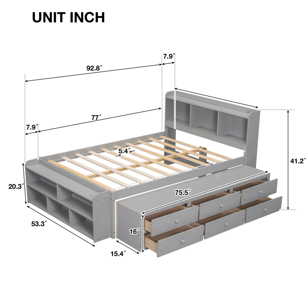 Streamdale Furniture Bed With Bookcase Headboard, Under Bed Storage Drawers And Bed End Storage Case,- Grey