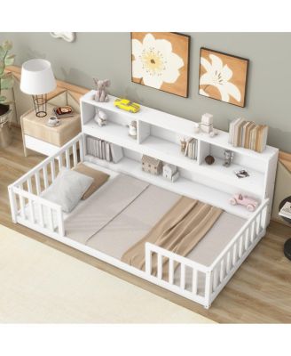 Twin Floor Bed With Bedside Bookcase, Shelves, Guardrails