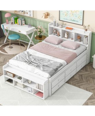 Streamdale White Full Bed with Headboard Bookcase, Drawers & End Storage